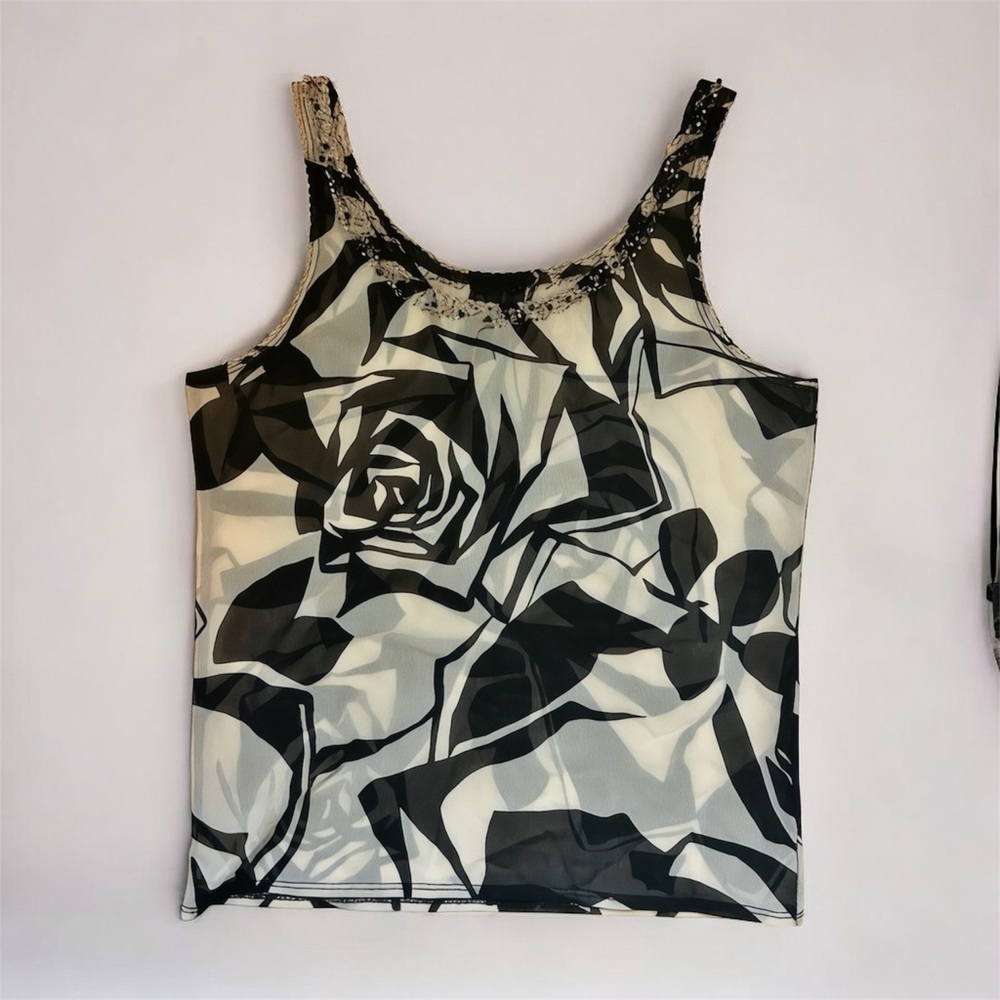 Vintage Y2K Sheer Mesh Rose Beaded Tank Top Gothic Fairy Size Small